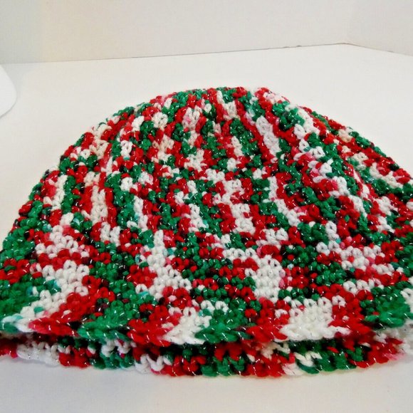 Red Green Baggy Beanie OS Slouch Cap Hat Handmade Crochet Hand Knit Sparkly NWT - Picture 8 of 8